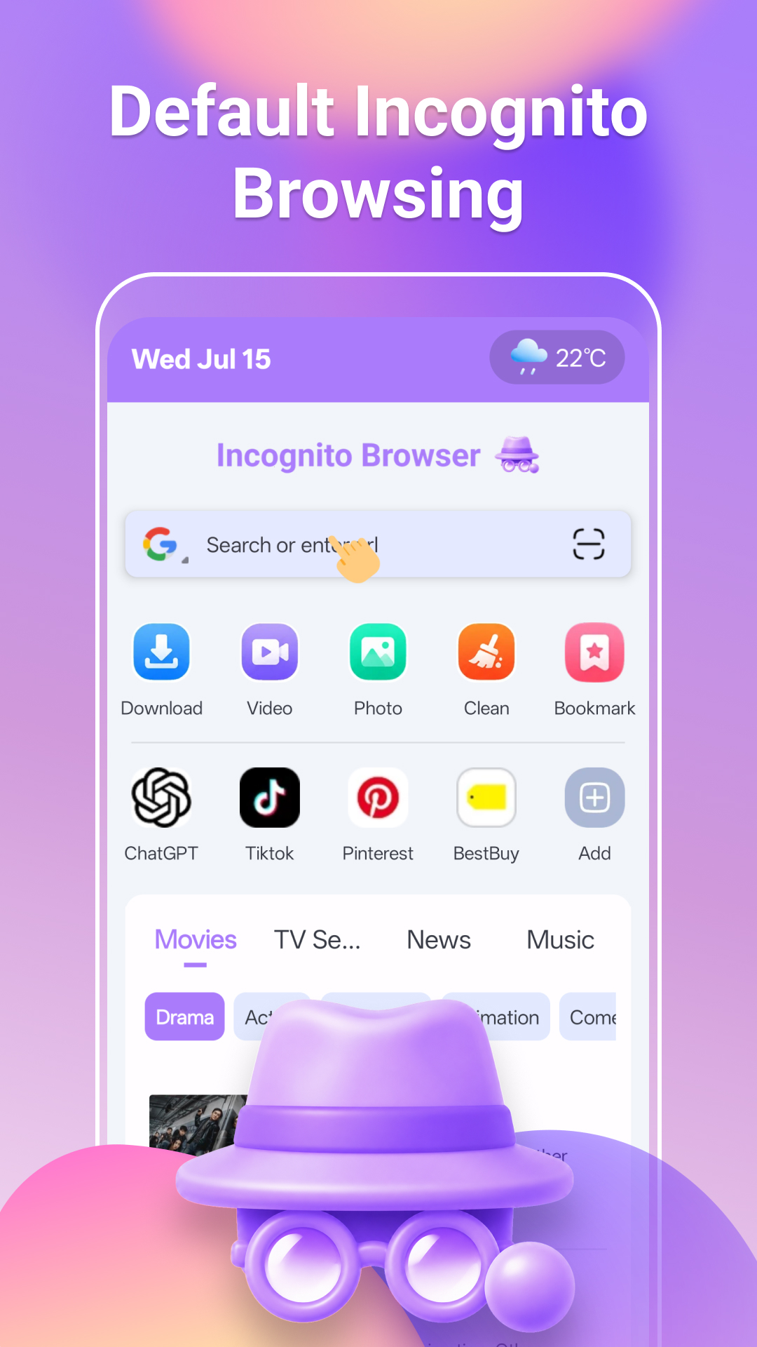 Incognito Browser private browsing home screen