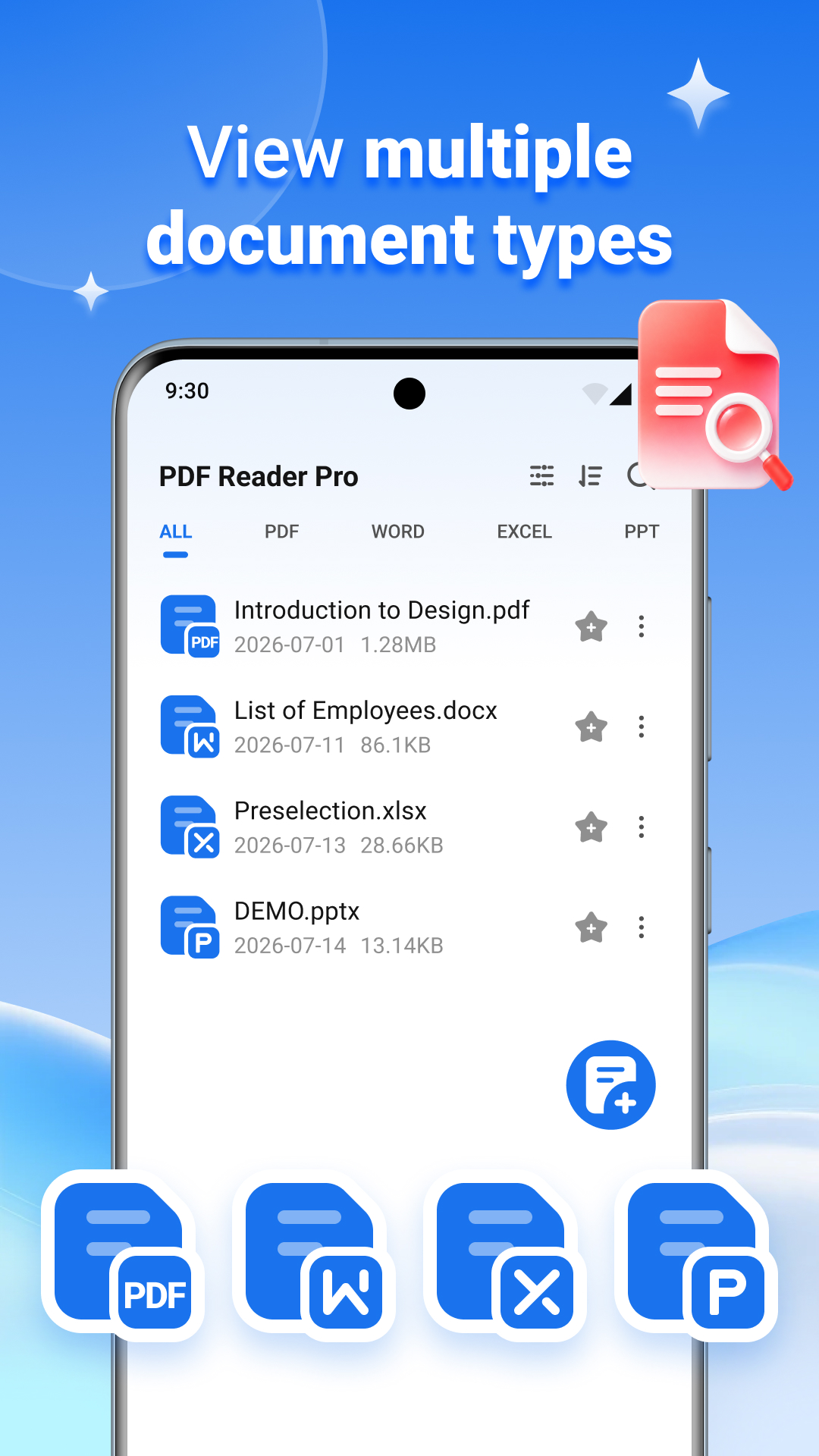 PDF Reader Pro screen showing supported document formats